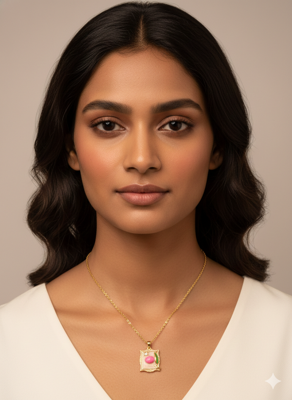 Pink Pebble Art Enamel Pendant Chain