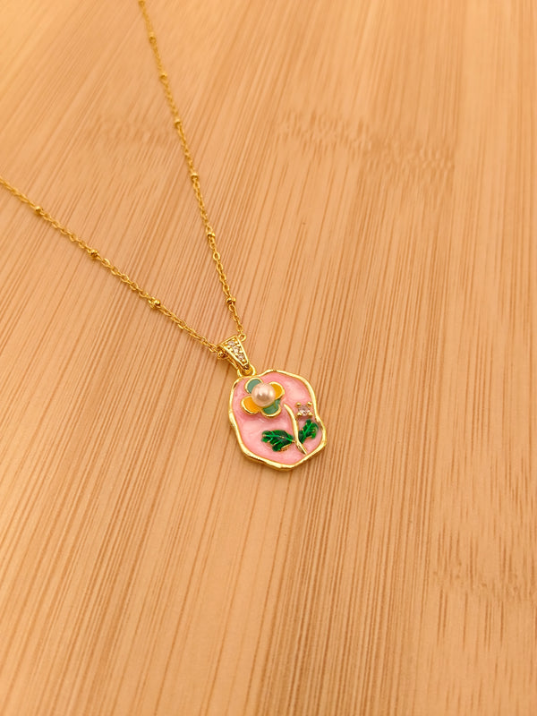 Blush Garden Pearl Enamel Pendant Chain