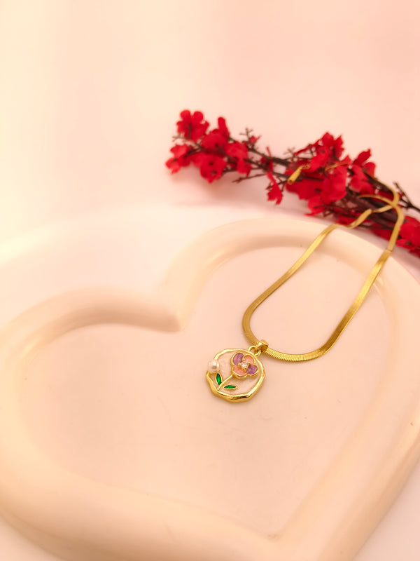 Floral Pearl Enamel Pendant Chain