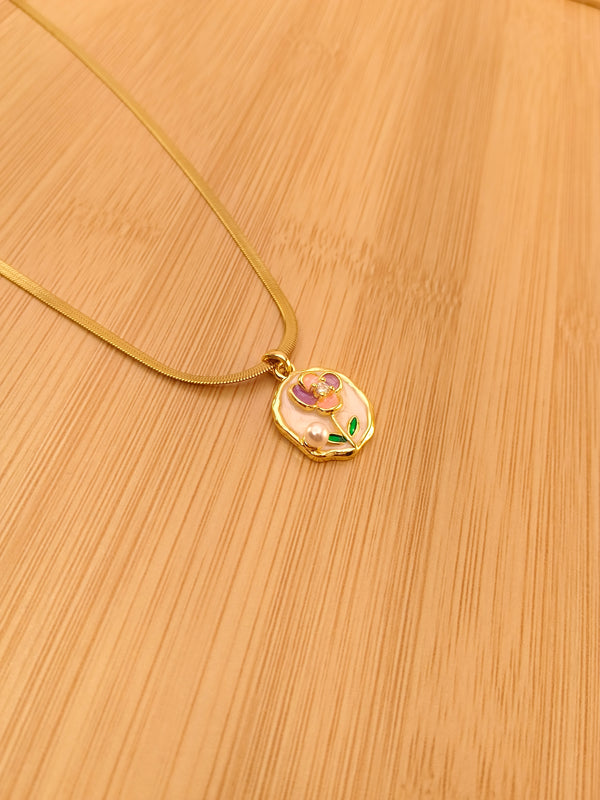Floral Pearl Enamel Pendant Chain