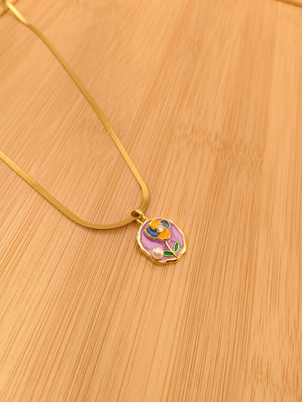 Floral Pearl Enamel Pendant Chain