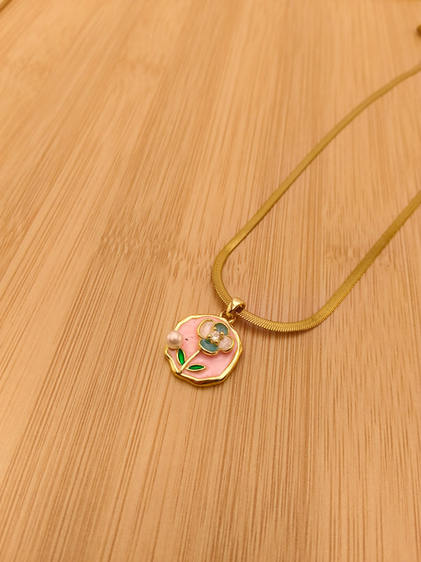 Floral Pearl Enamel Pendant Chain