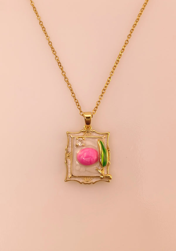Pink Pebble Art Enamel Pendant Chain