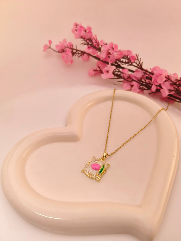 Pink Pebble Art Enamel Pendant Chain