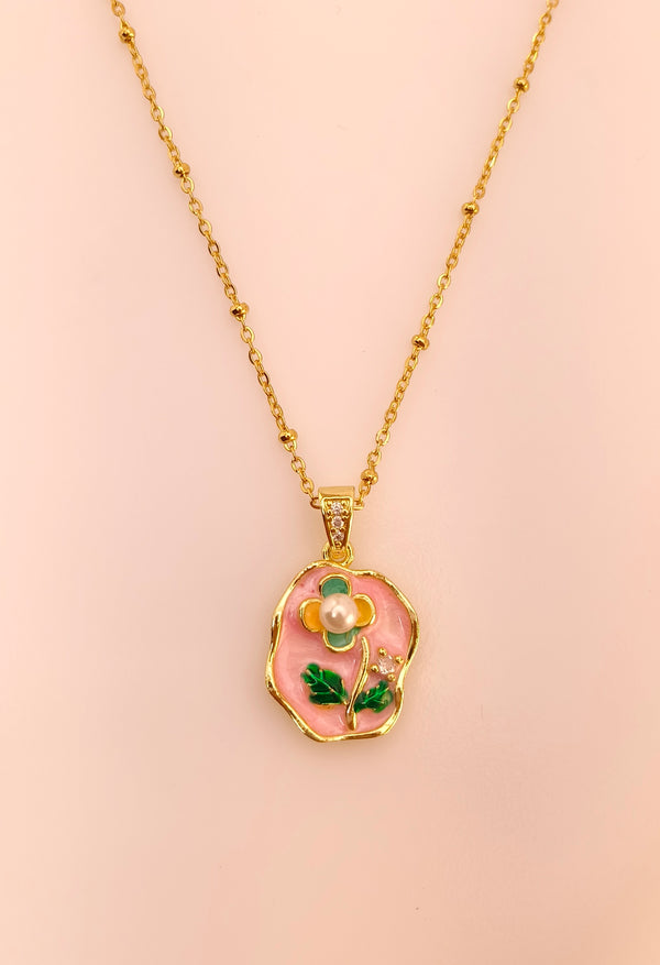 Blush Garden Pearl Enamel Pendant Chain