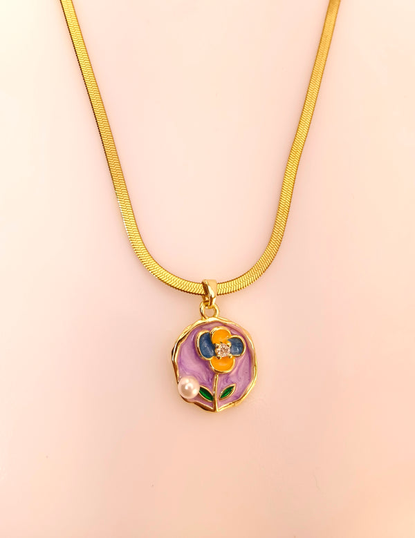 Floral Pearl Enamel Pendant Chain