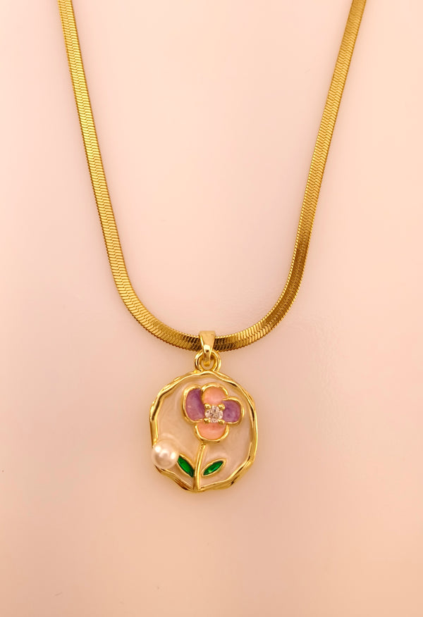 Floral Pearl Enamel Pendant Chain